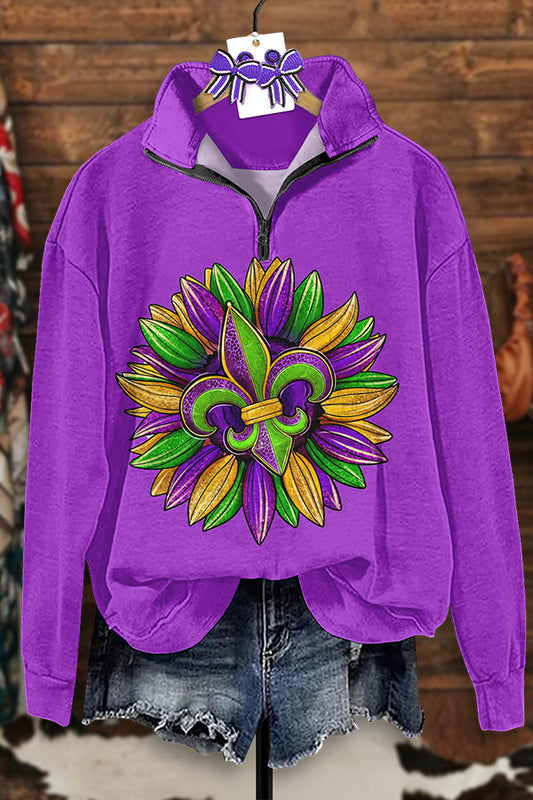 Vintage Mardi Gras Print Zip-Up Sweatshirt