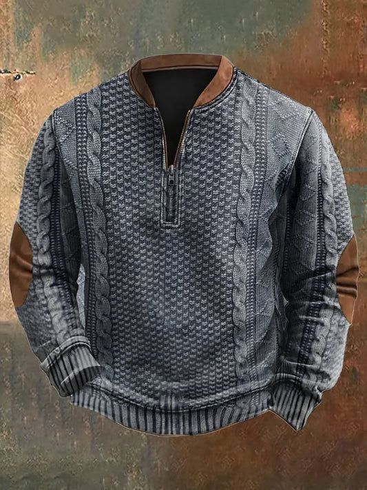 Men's Vintage Knit Print Zip-Up Sweatshirt