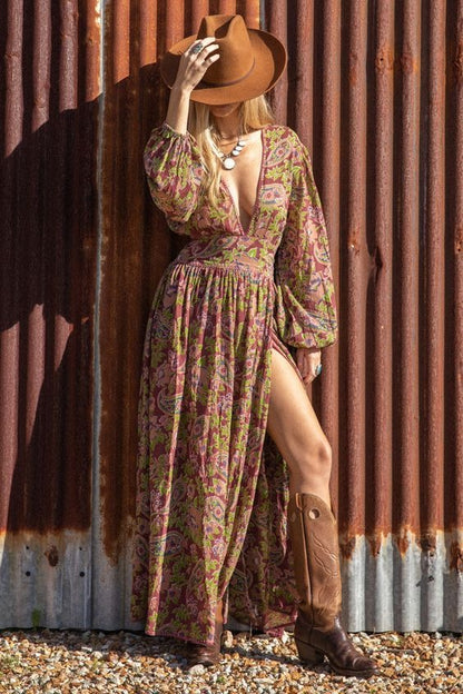 Boho Floral Paisley Slit Maxi Dress