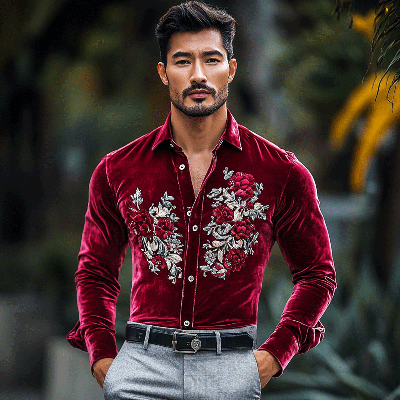 Men's Gentleman Regular Fit Crushed Flower Embroidery Rose Red Velvet Shirt