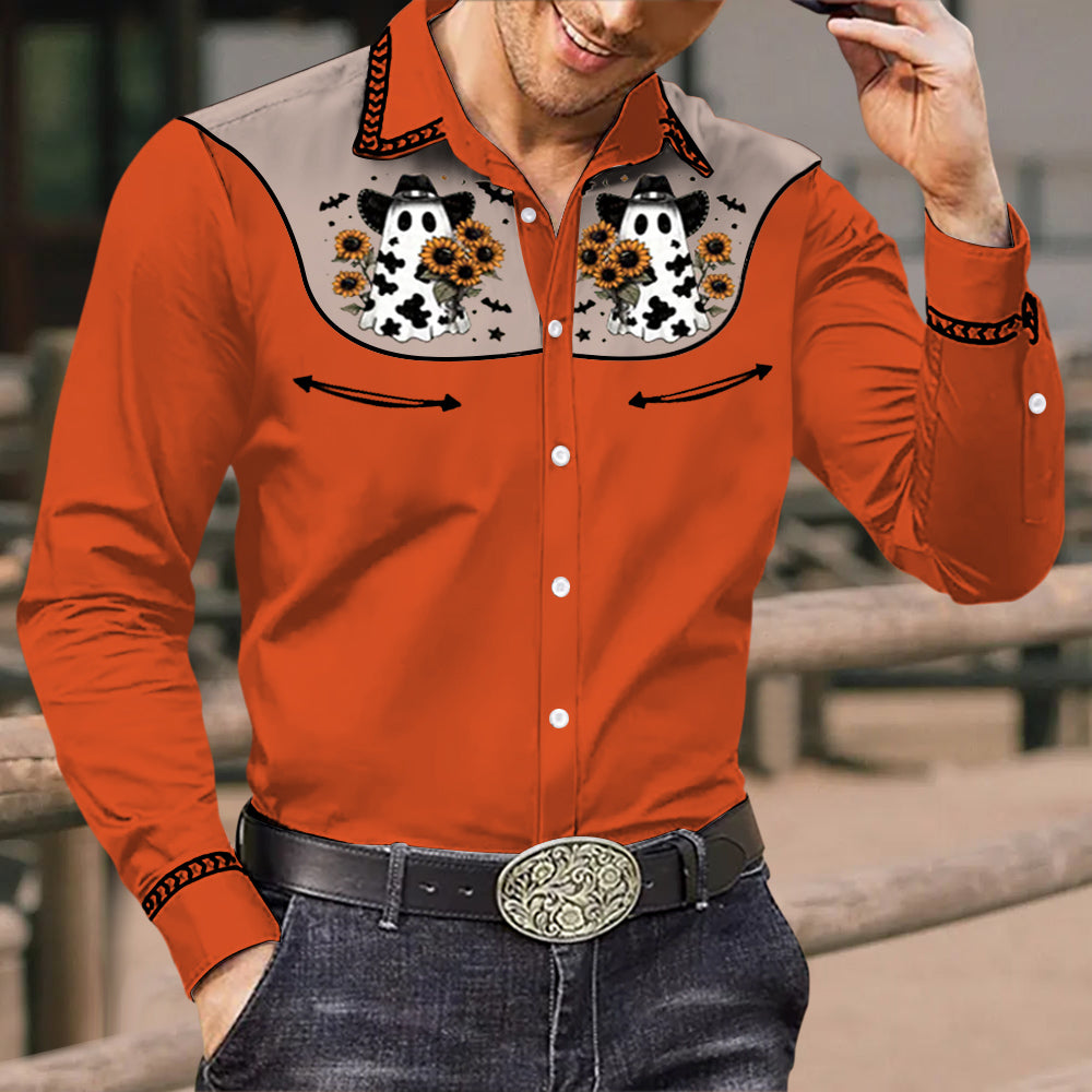 Men's Vintage Western Cowboy Halloween Ghost Logo Print Long Sleeve Shirt