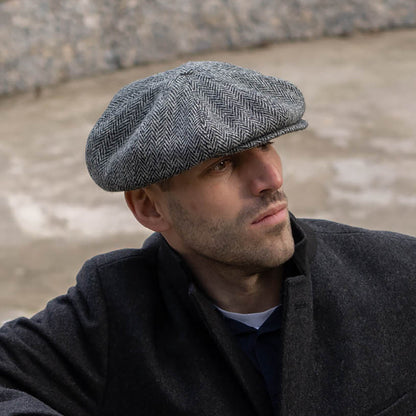 PEAKED CAPS Genuine Scottish Harris Tweed 8 Panels Man Cap GRAY-BLACK