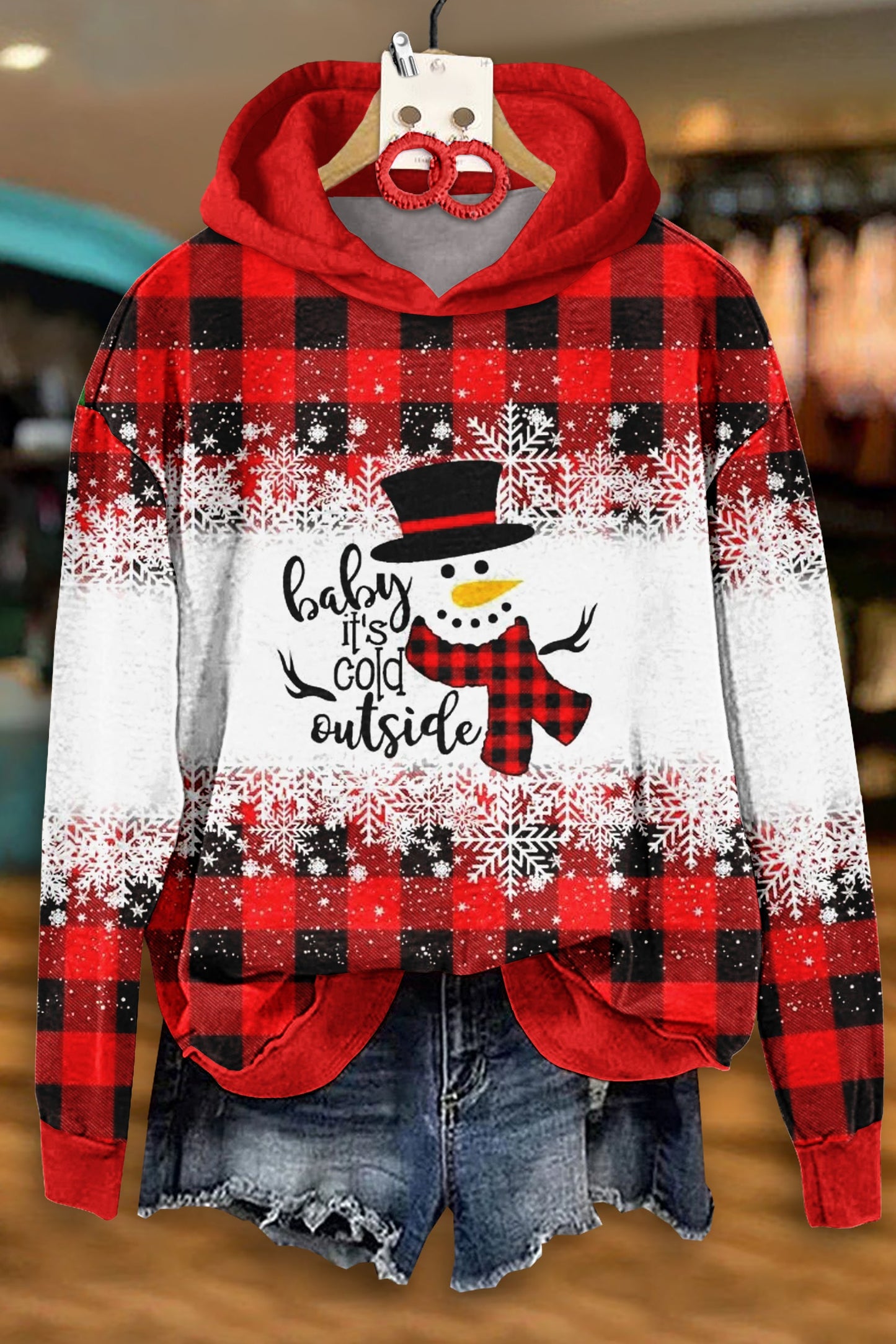 Casual Christmas Snowman Check Print Hoodie