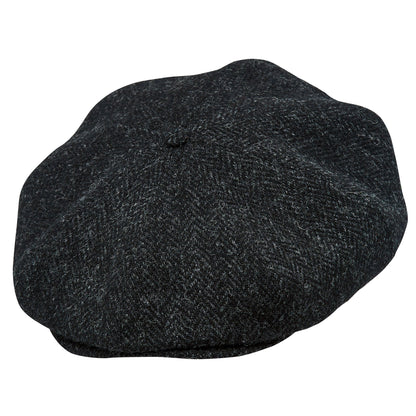 PEAKED CAPS Genuine Scottish Harris Tweed 8 Panels Man Cap Wool Large Crown BLACK