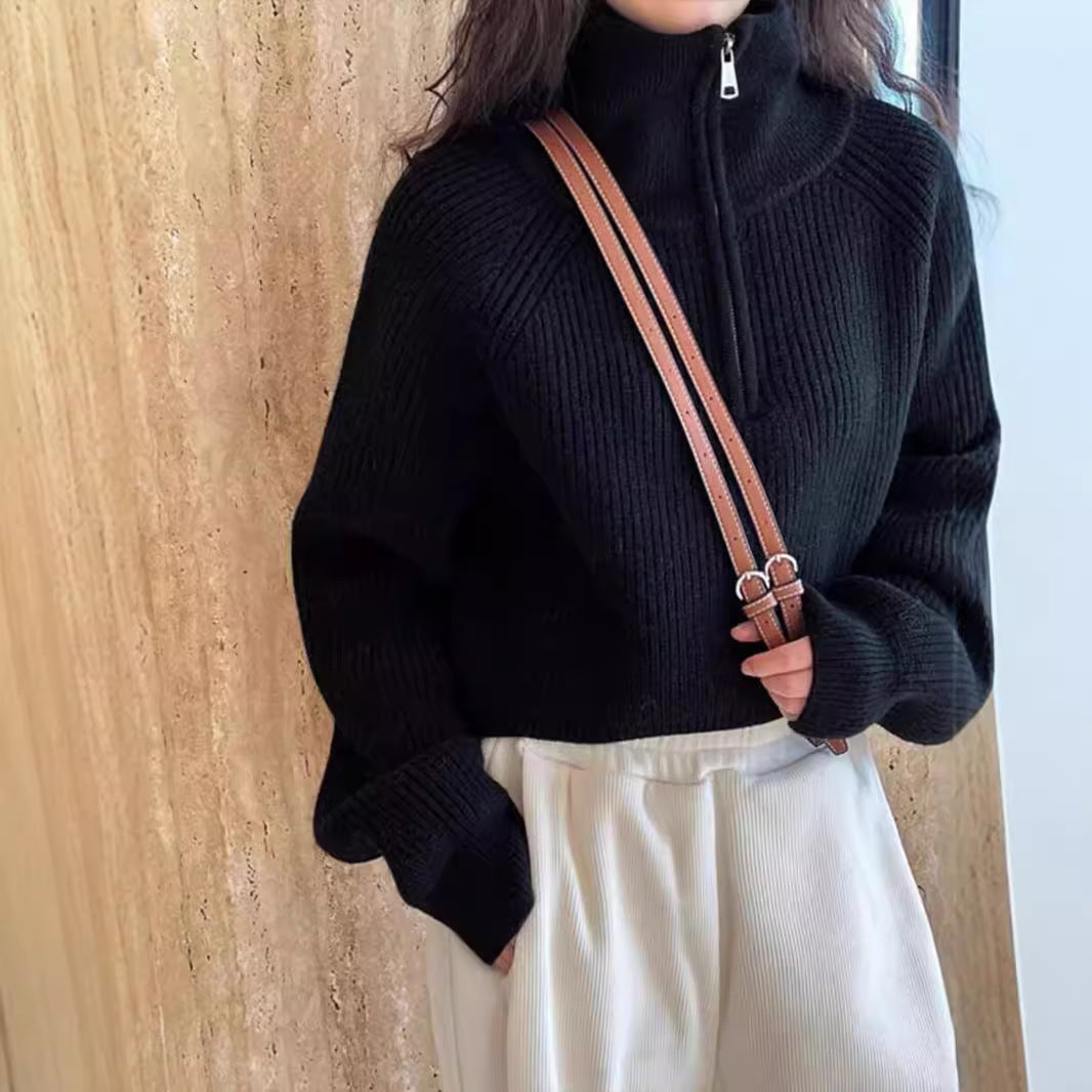 Retro Half Zipper Cropped Bat Sleeve Pullover Sweater Women