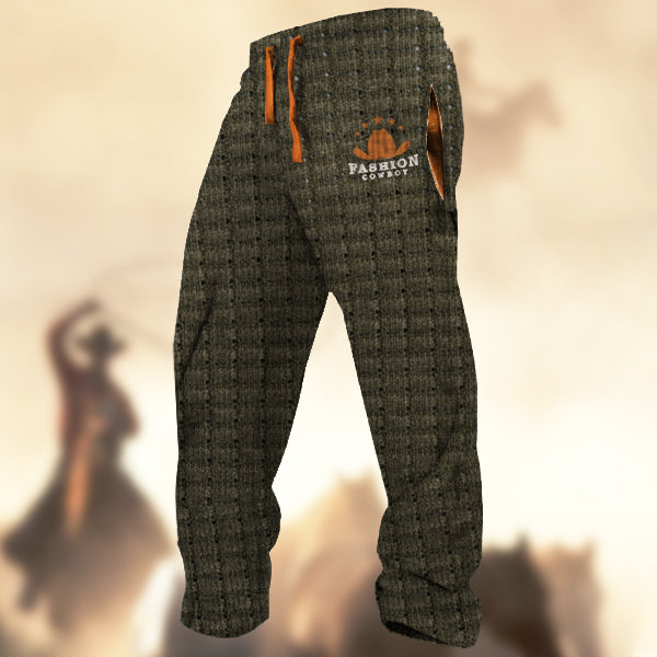 Men's Vintage Western Cowboy Hat Logo Waffle TexturePrint Casual Sweatpants