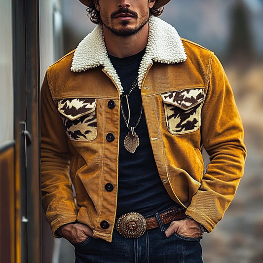 Men's Vintage Western Cowboy Printed Sherpa Jacket