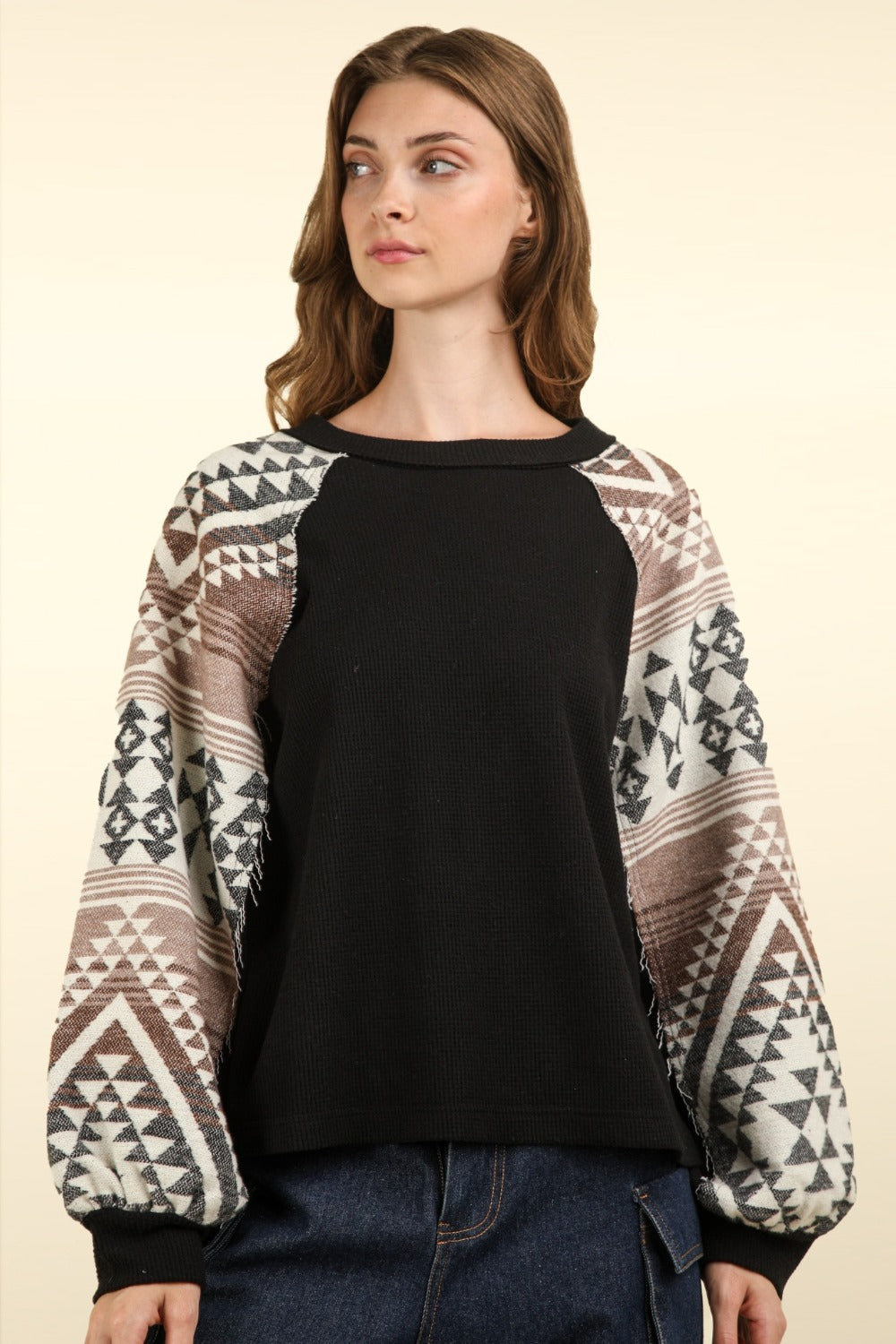 Aztec Printed Long Sleeve Round Neck Knit Top