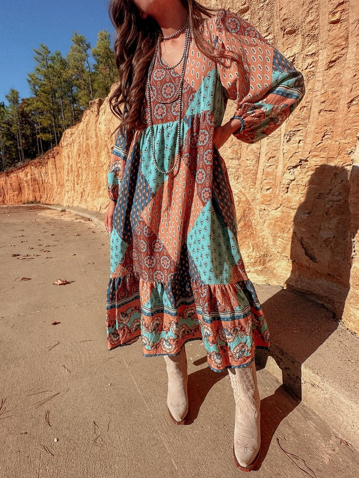 Women's Bohemian Patchwork Printed V-neck Dress