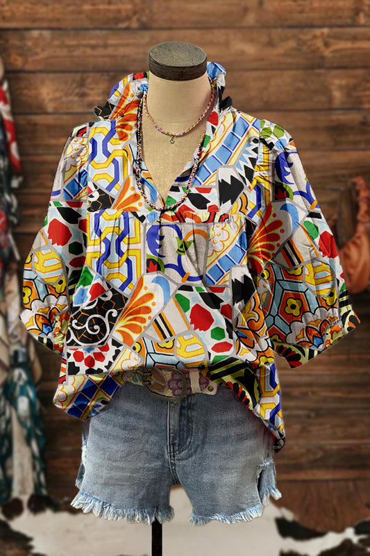 Chic Mardi Gras Print Puff Sleeve Blouse