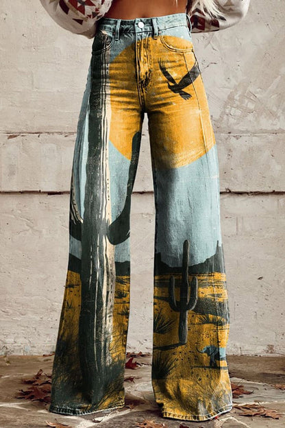 Weatern Art Print Casual Wide Leg Pants