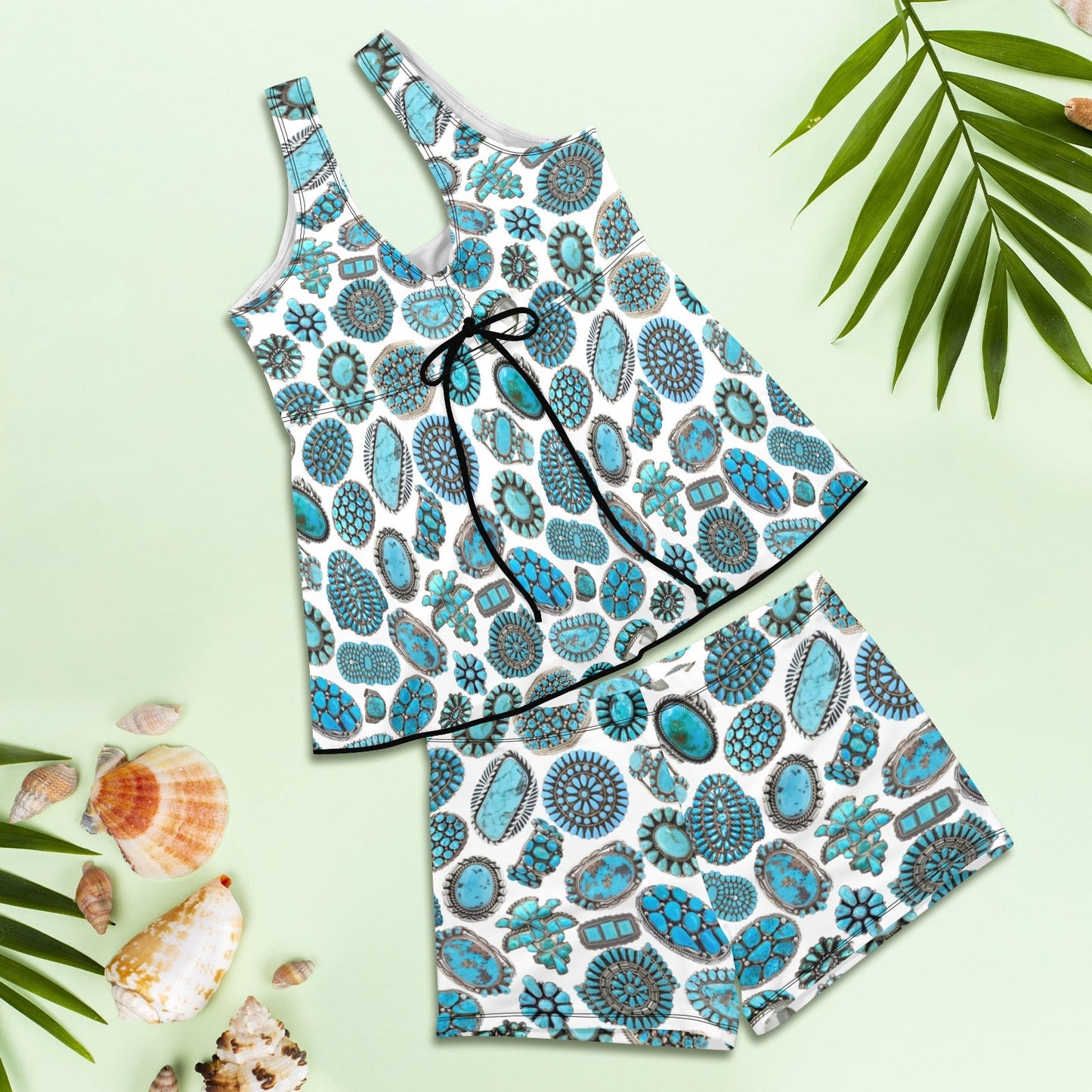 Turquoise Crazy Tankini Boy Shorts Swim Set