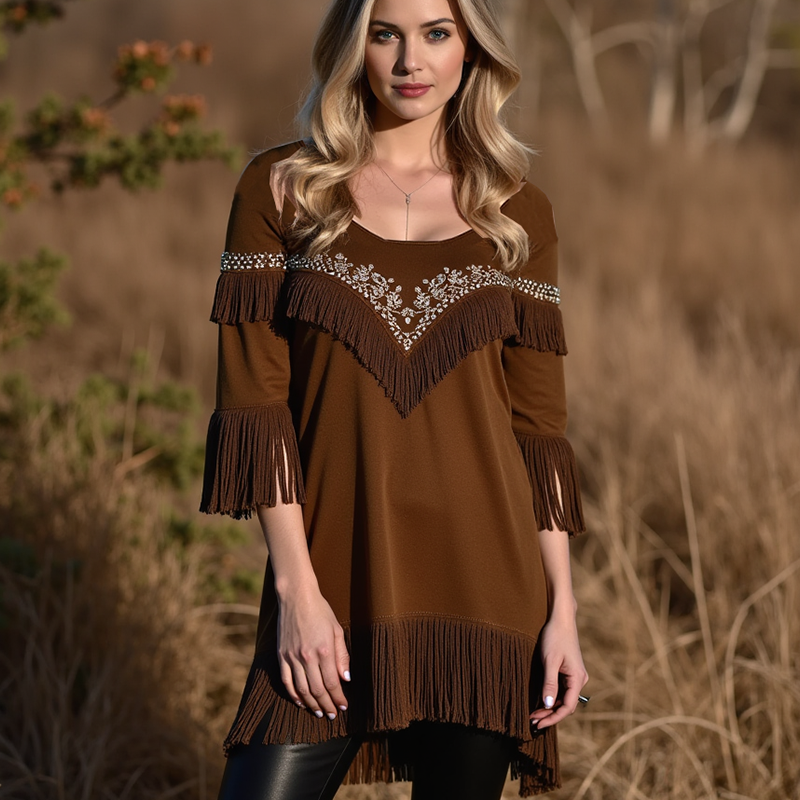 Women's Fringed Lace Crew Neck Elegant Tunic Basic Pullovers Blouse Tops