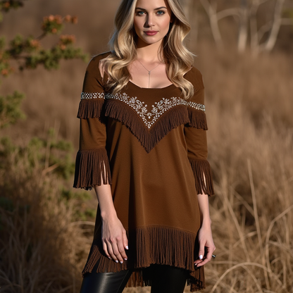 Women's Fringed Lace Crew Neck Elegant Tunic Basic Pullovers Blouse Tops