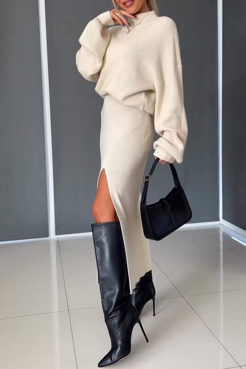 Women's High Collar Long Sleeve Sweater Skirt Two Piece Suit