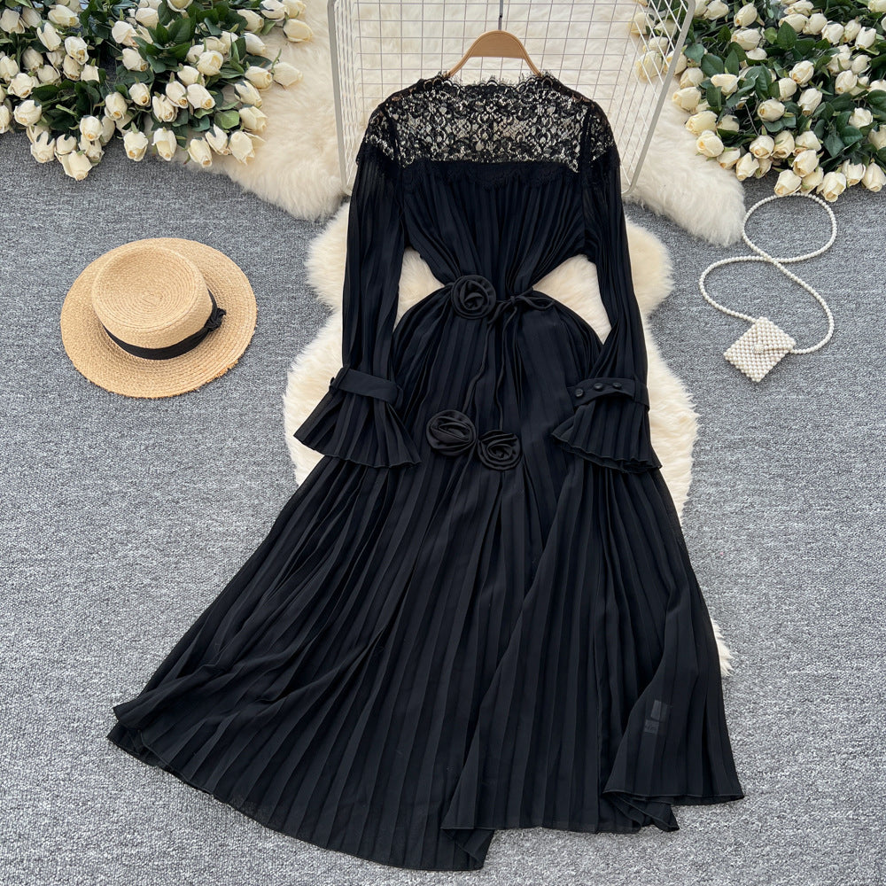 Elegant Tied Waist Lace Patchwork Flared Sleeve Pleated Long Dress