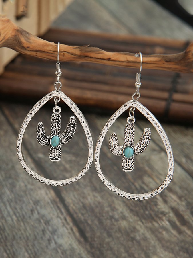 Retro Water Drop Hollow Out Cactus Turquoise Earrings