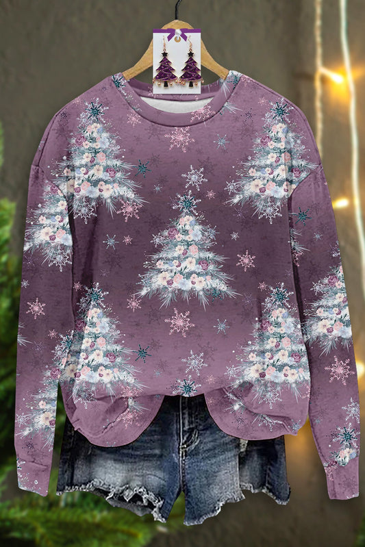 Casual Christmas Tree Print Long Sleeve Top