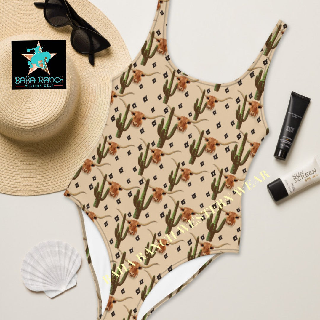 Yeehaw Longhorn Ranch Cactus One-Piece Swimsuit