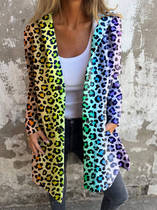 Colorful Leopard Print Long Sleeve Button Hooded Jacket