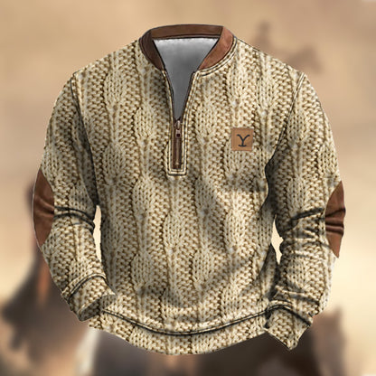 Men's 100%Cashmere Cable Knit Vintage Yellowstone Western Zipper Stand Collar Casual Sweatshirt