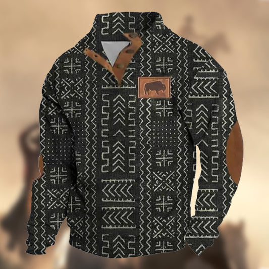 Men's Vintage WesternAmerican Bison Buffalo Print Color Block Stand Collar Buttons Sweatshirt