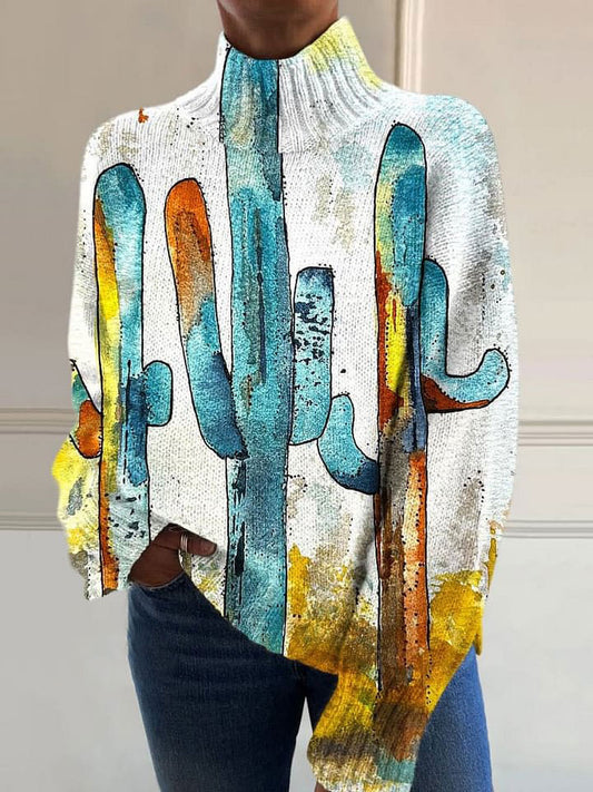 Vintage Colorful Cactus Art Print Knit Turtleneck Pullover Sweater