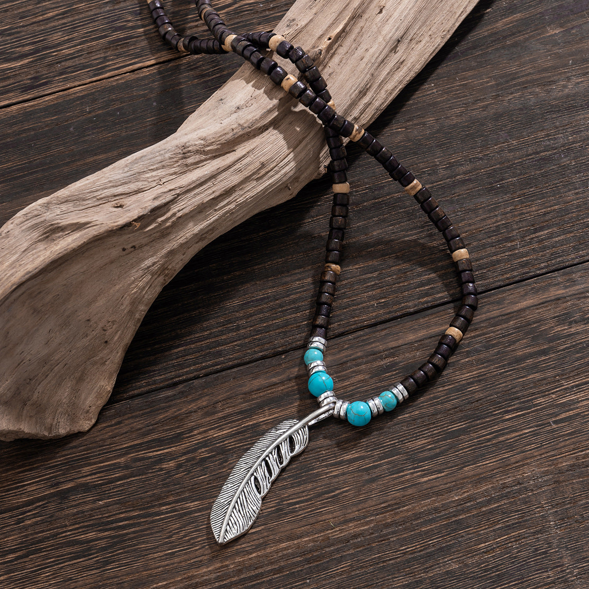 Bohemian Vintage Wood Bead Turquoise Feather Necklace