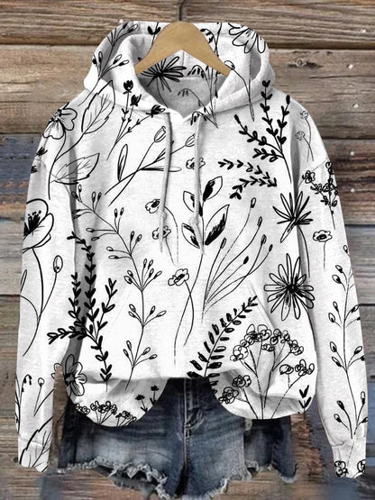 Minimalist Floral Pattern Printed Casual Hoodie Sweatshirt