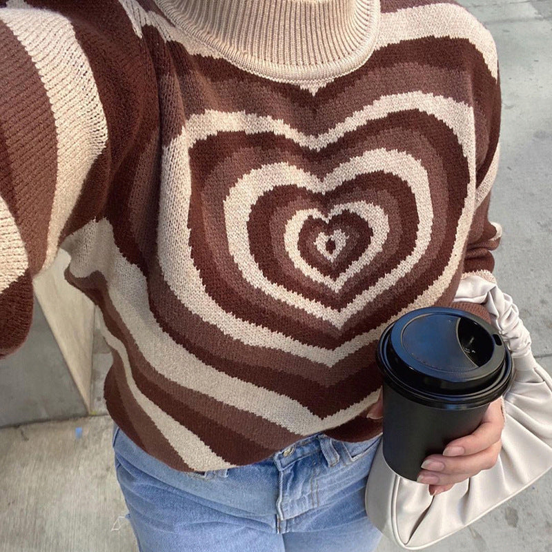 Women's Colorblock Love Heart Sweater Retro Sweetheart Half Turtleneck Slim Fit Pullover Long Sleeve Knitted Cardigan Wo