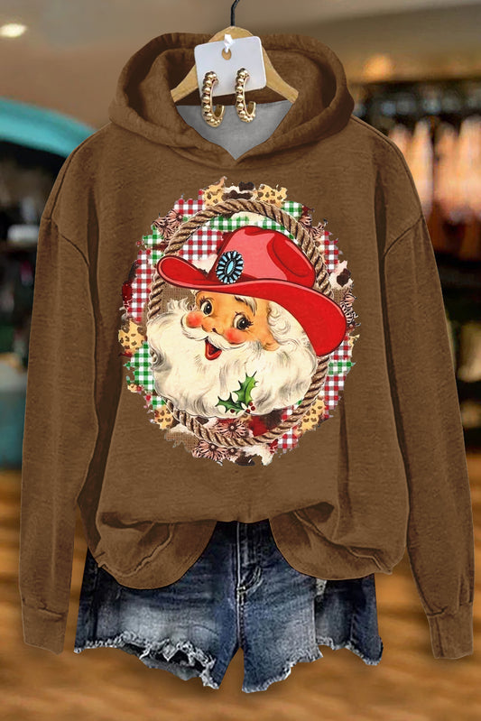 Western Christmas Santa Print Long Sleeve Hoodie