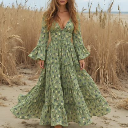 Women's Casual Chiffon Floral Long-sleeved Long Dress