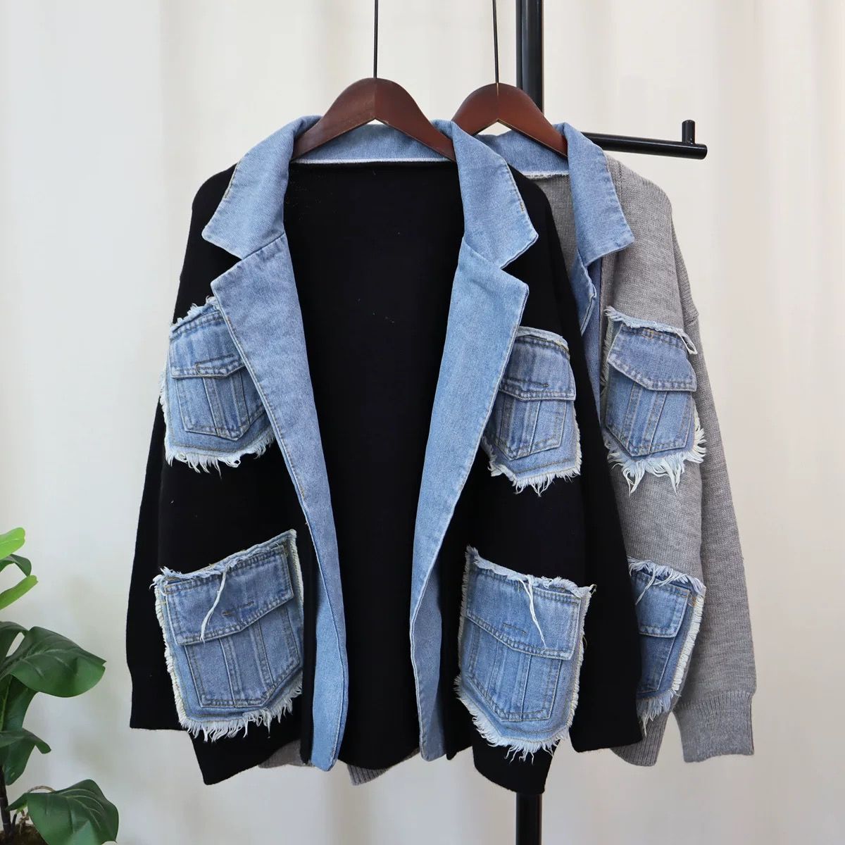 Denim Patchwork Sweater Jacket Design Loose Casual Versatile Knitted Cardigan