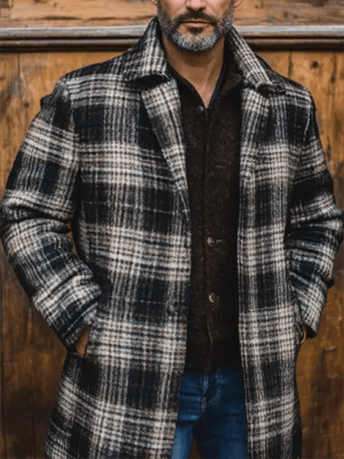 Men's Vintage Outdoor Plaid Dark Khaki Woolen Coat