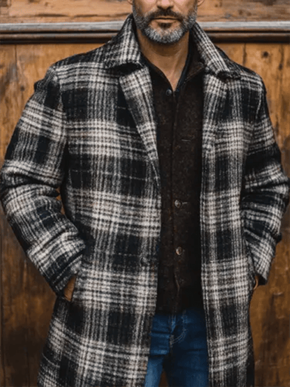 Men's Vintage Outdoor Plaid Dark Khaki Woolen Coat