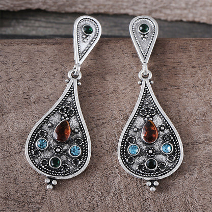 Personalized Retro Three-color Gemstone Geometric Water Drop Simple Fashion Earrings