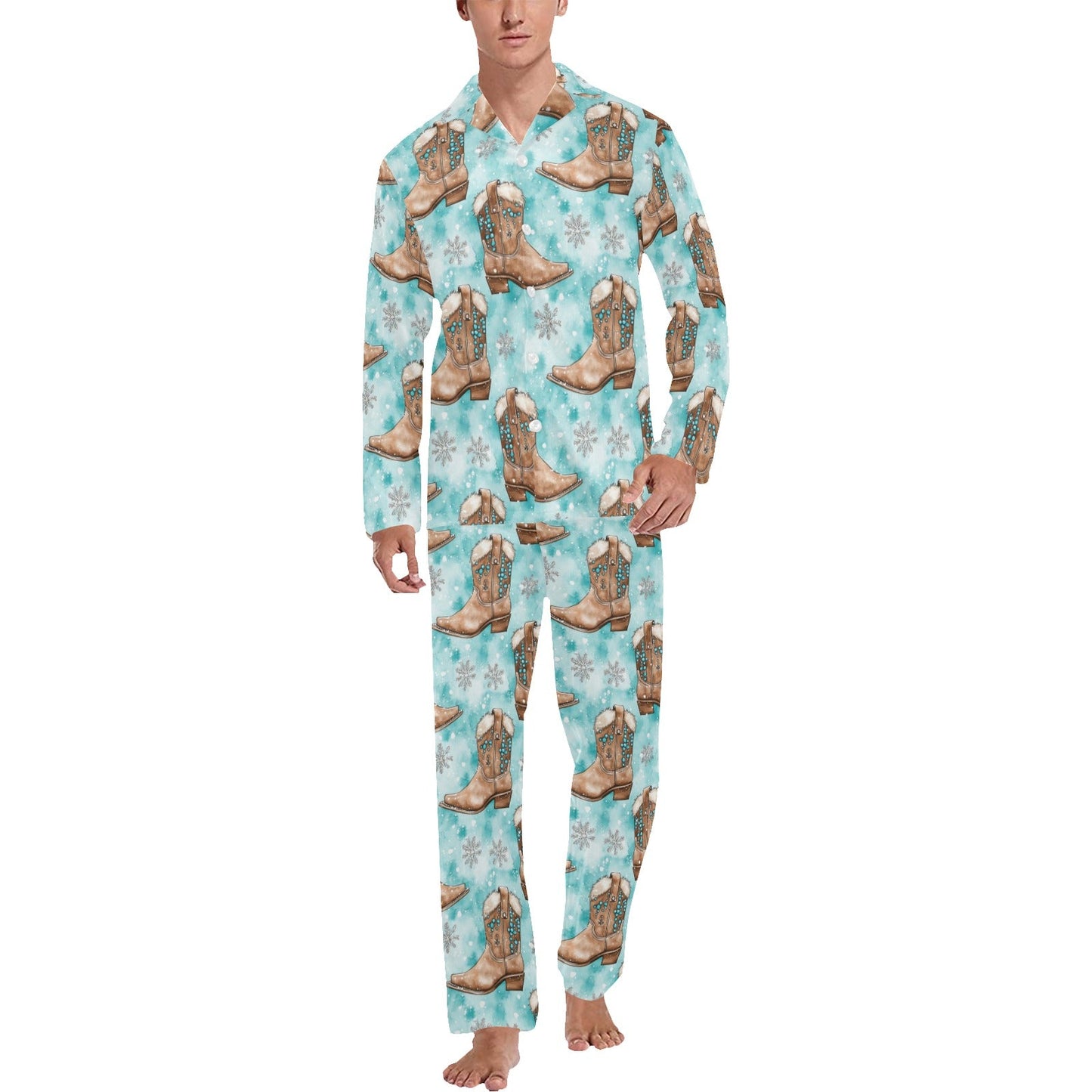 Turquoise Christmas Boots Men's Western Pajamas