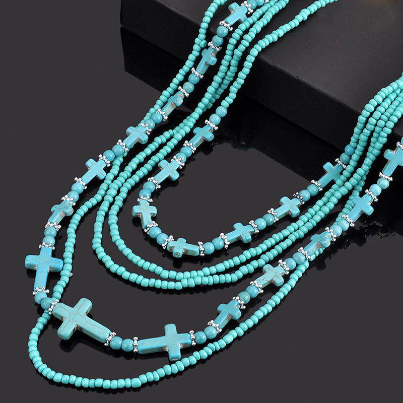 Vintage Turquoise Rice Beaded Multi-layer Cross Necklace