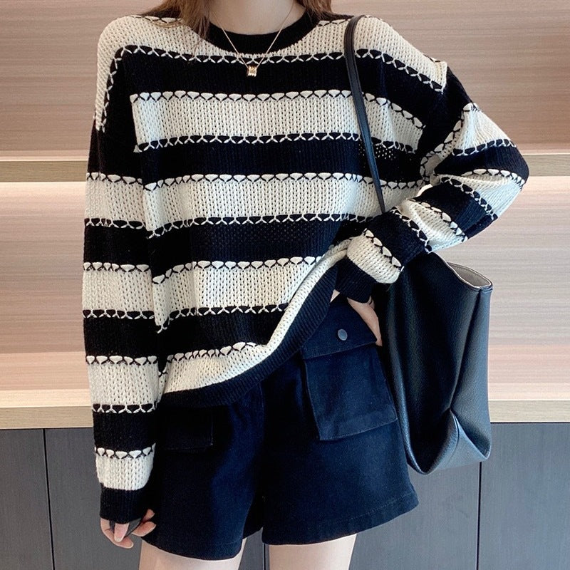 Retro Color Matching Loose Striped Versatile Knit Sweater