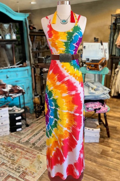 Pretty Rainbow Print Backless Dress