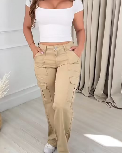 High Waist Solid Color Stretch  Cargo Jeans