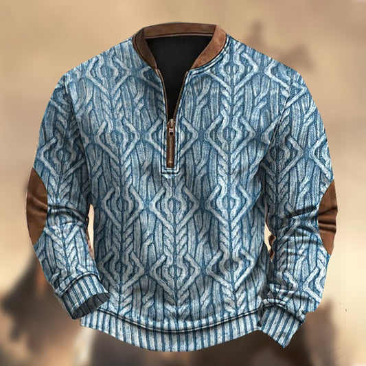 Men's Vintage Country Western Knitted Print Zipper Stand Collar Casual Sweatshirt