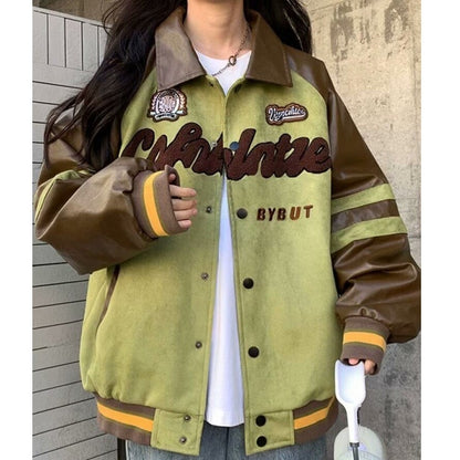 Suede And Leather Embroidery Baseball Jacket