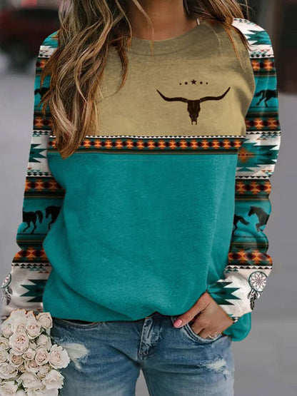 Western Print Paneled Long Sleeve Casual Sweatshirt