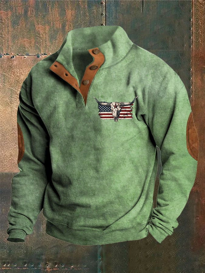 Men's Bull Skull Flag Print Sweatshirt