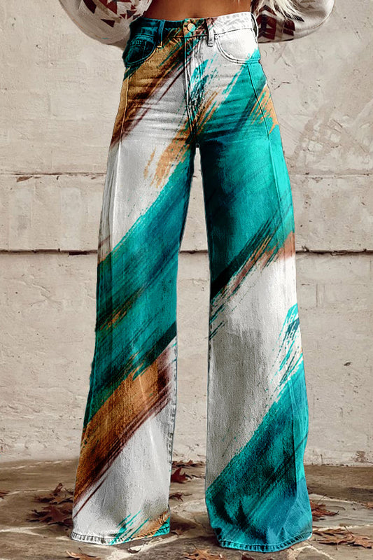 Western Contrast Turquoise Wide Leg Pants