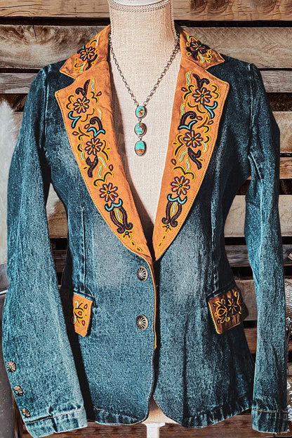 Vintage Washed Western Print Denim Jacket