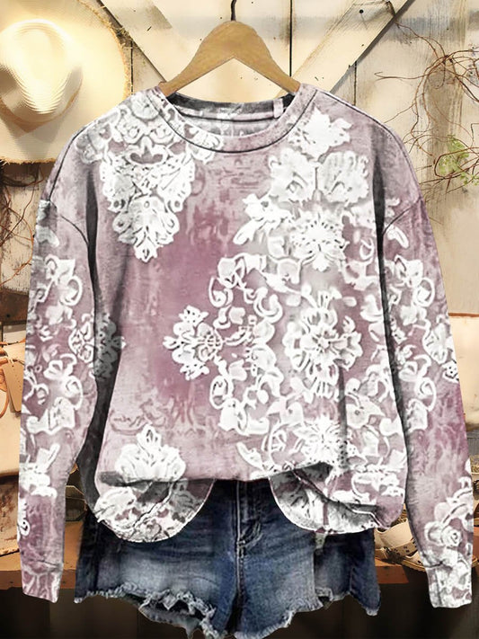 Women's Vintage Floral Texture Art Print Casual Crew Neck Sweatshirt