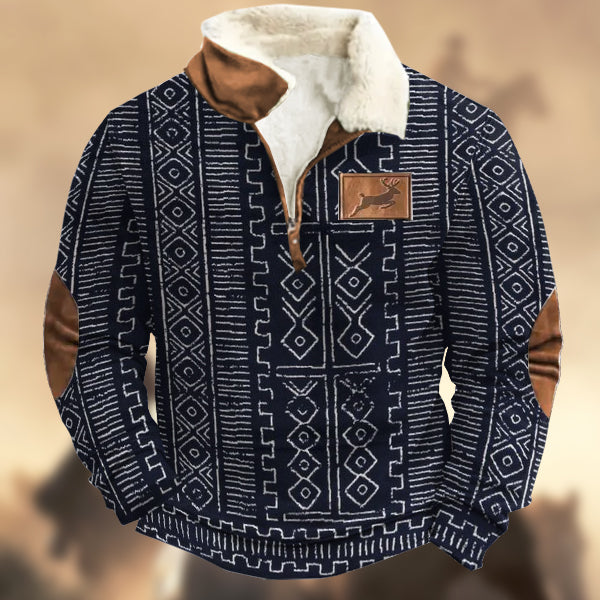 Men's Vintage Tribal Pattern Print Elk Logo Zipper Fur Collar Sweatshirt