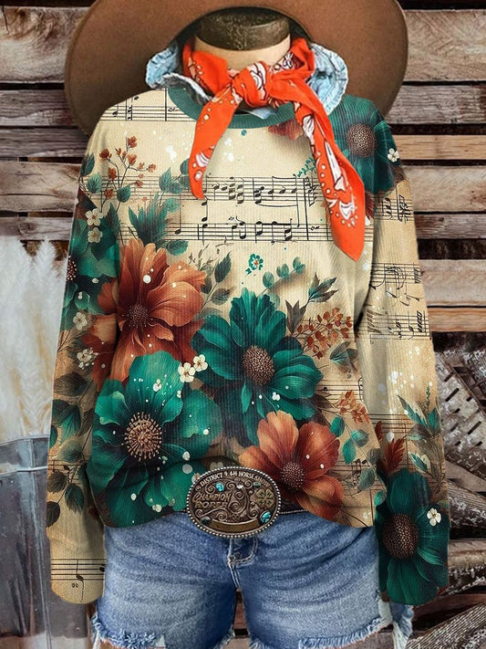 Women's Vintage Floral Musical Notes Art Print Casual Print Corduroy Sweatshirt